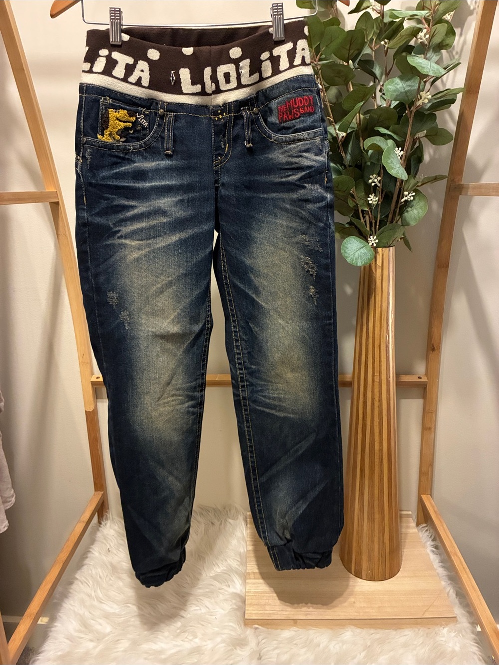 Yoshitomo Nara Lolita Vintage Y2K Brown Polka Dot Denim Joggers Knit Waistband